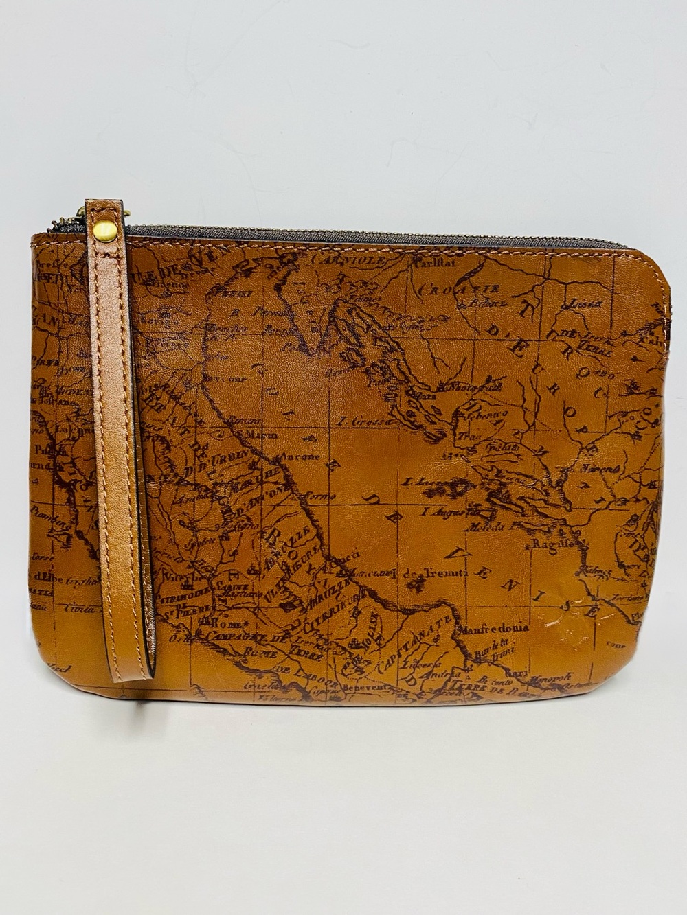 Patricia Nash Cassini Leather Signature Map Print Wristlet Clutch Pouch Tan/Rust